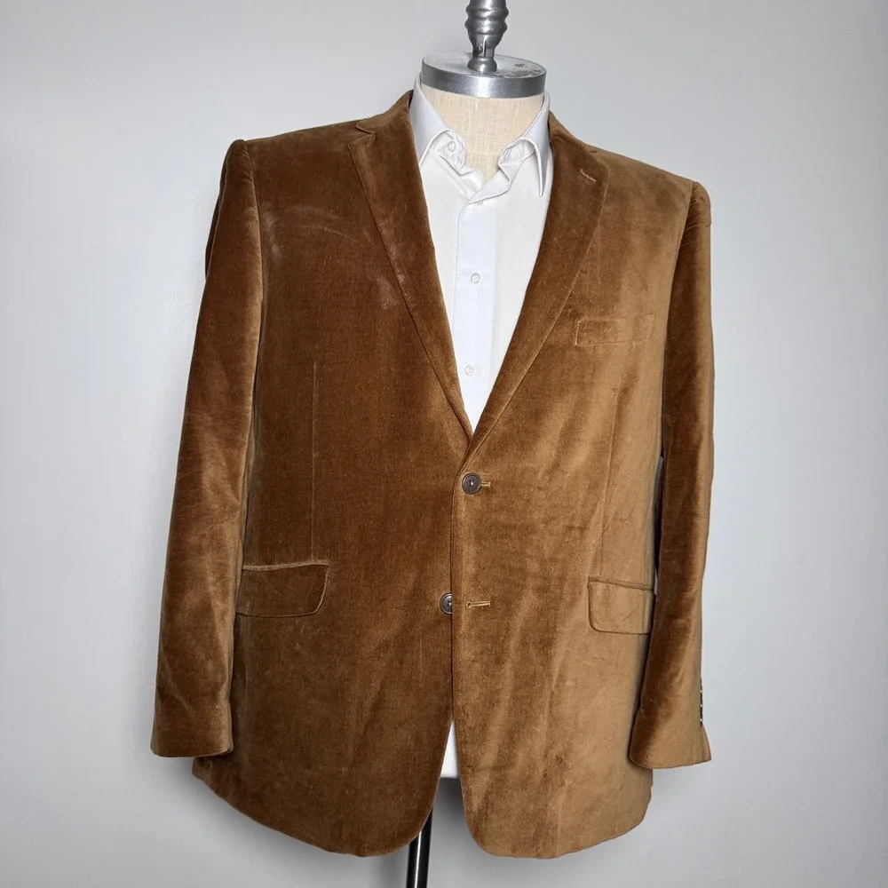 Adolfo Blazer Mens 50R‎ Brown Solid Velvet Two Button Notch Lapel Sport Coat